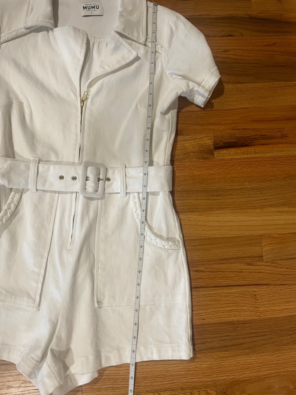 Mumu White Short Sleeve Belted denim stretch Romper - Picture 5 of 7